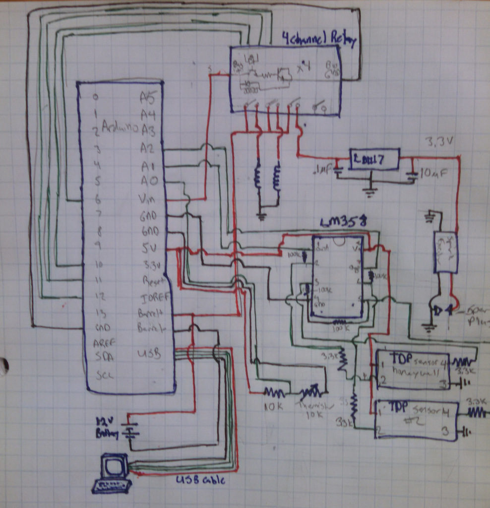 The schematic gets cluttered in a hurry. It is actually about as complicated to prototype as it was to sketch out.