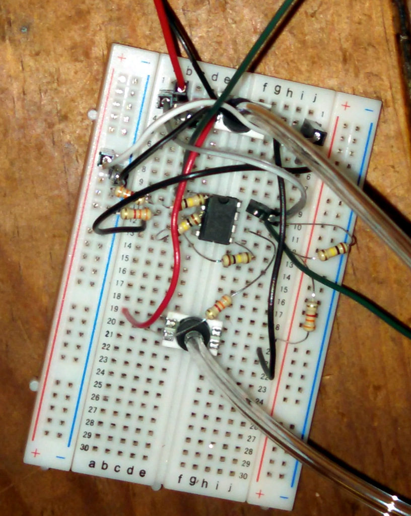 The pressure transducers and op-amp breadboard. It works well enough in a breadboard, but anything more long term should be soldered.